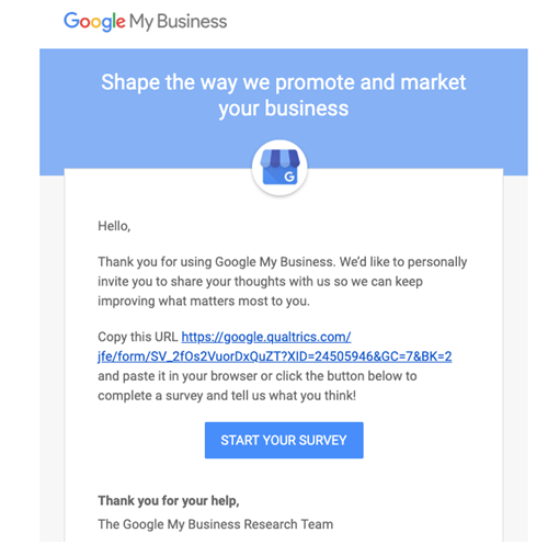 Encuesta que Google envió a empresas locales de Google MyBusiness