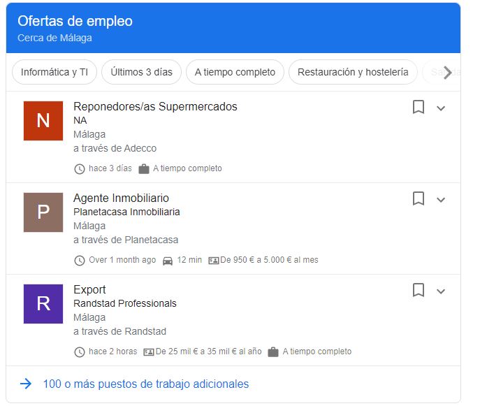 Ofertas de empleo en la página de resultados de Google