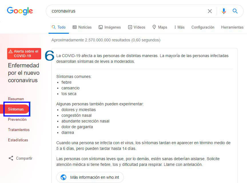 Menú apartado de síntomas en las SERPs de Google