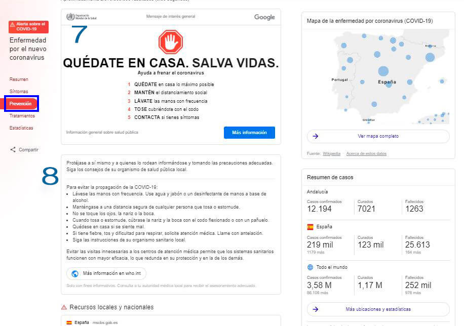 Menú apartado de prevención en las SERPS de Google