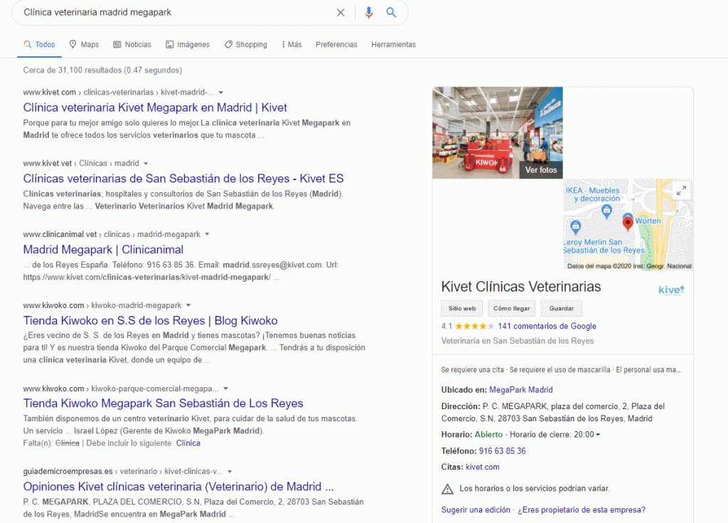 Apariencia en Google mybusiness de kivet madrid