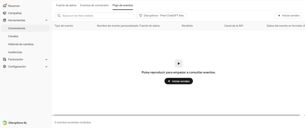 chatgpt ads manager debug eventos en la plataforma